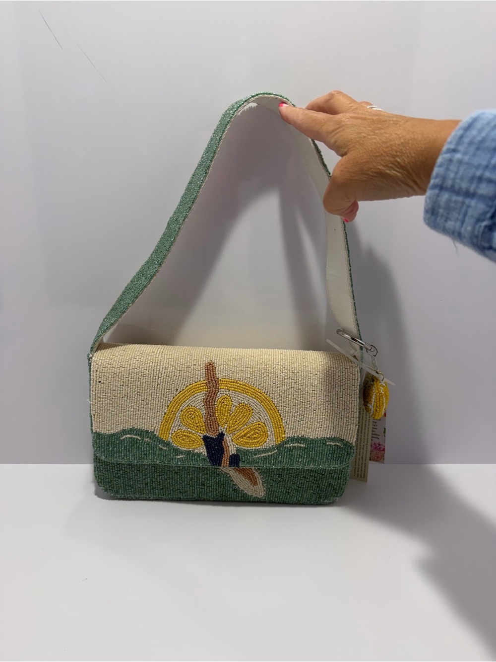 Viral Beaded Bag Green & Cream Diving Lady Citrus Crossbody Handmade in India